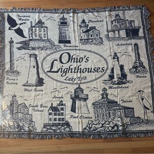 Ohio’s Lighthouses Tapestry Woven Throw Blanket, 1996, Vintage,  Blue & Crm, NEW